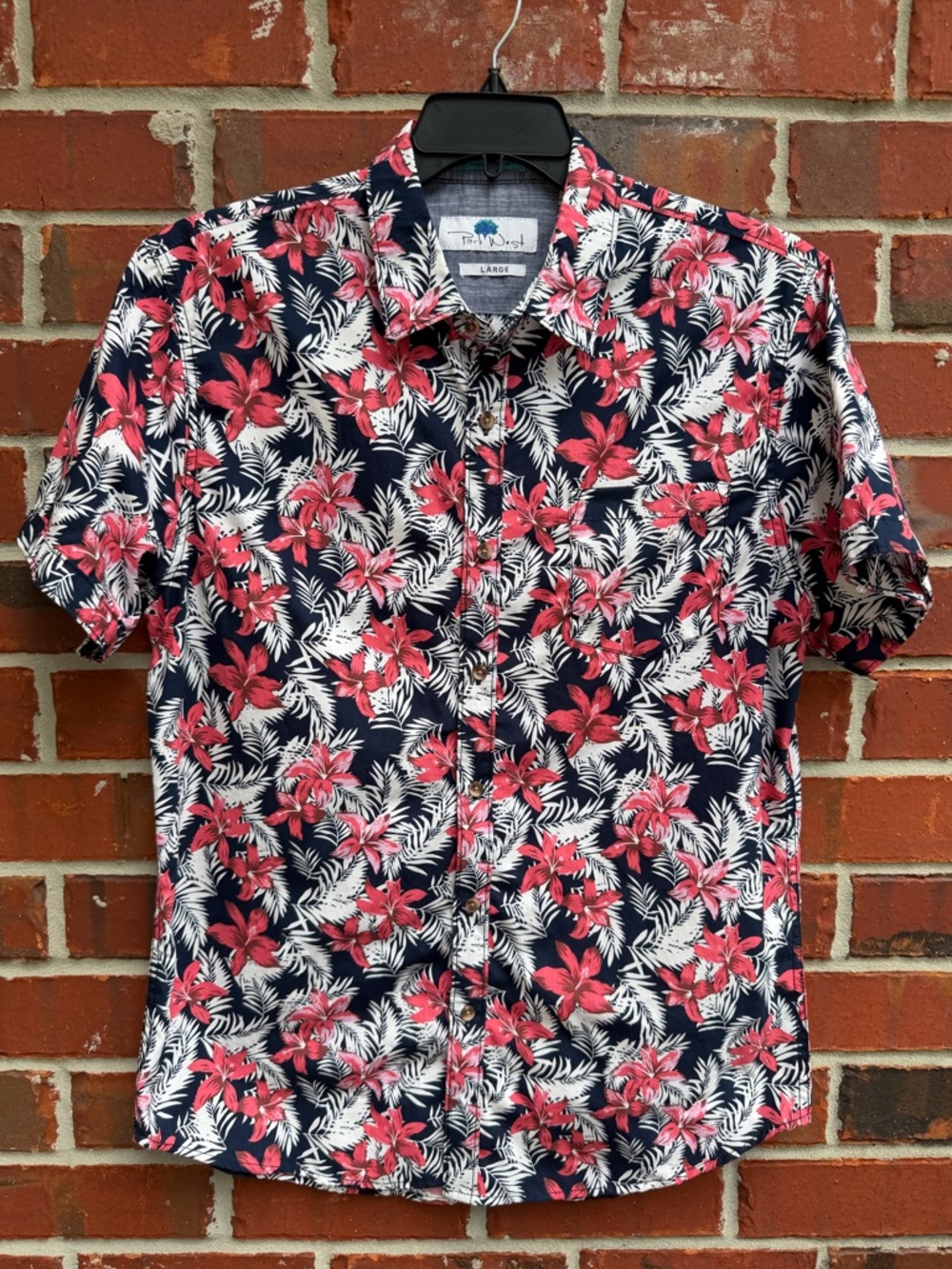 Park West Casual Luxury Short-Sleeve Navy Floral Button-Up Shirt Pink Flowers F6